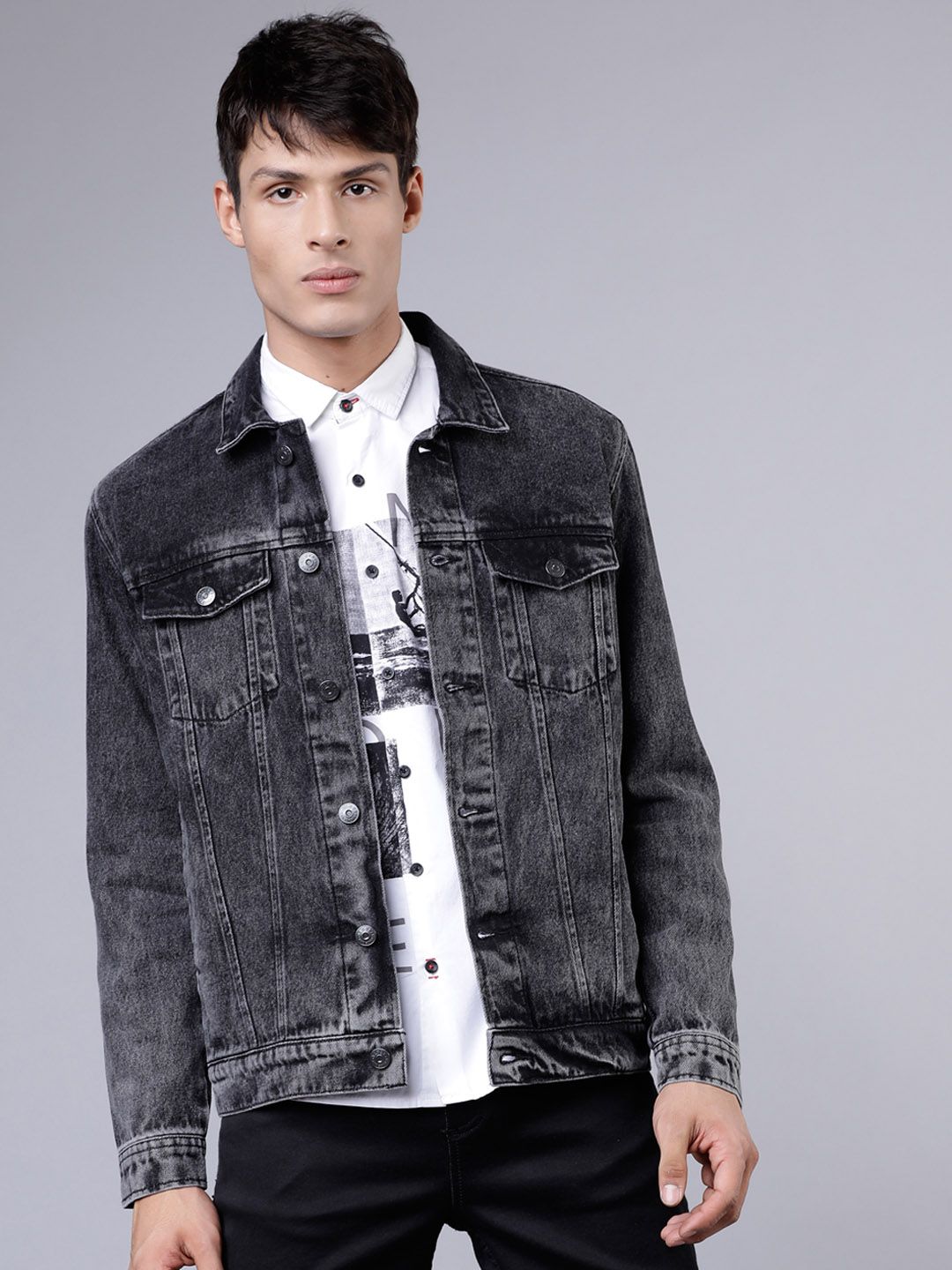 HIGHLANDER Men Grey Washed Denim Jacket