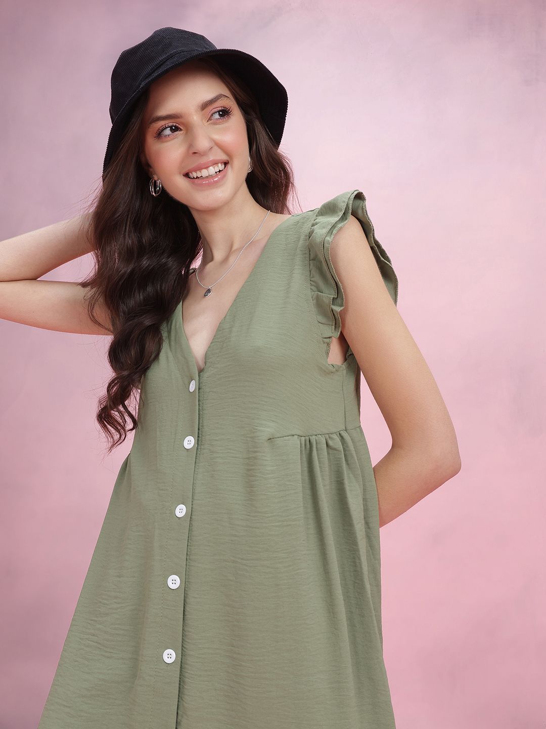 DressBerry V-Neck Ruffled Detailing A-Line Dress