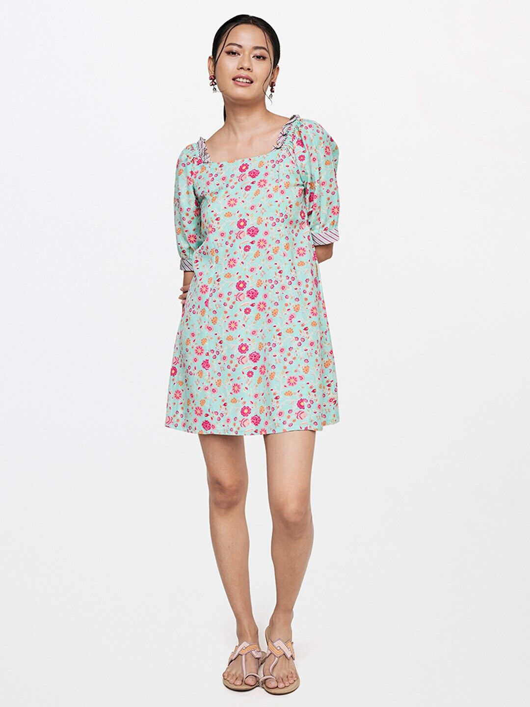 Global Desi Blue & Pink Floral A-Line Mini Dress