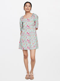 Global Desi Blue & Pink Floral A-Line Mini Dress