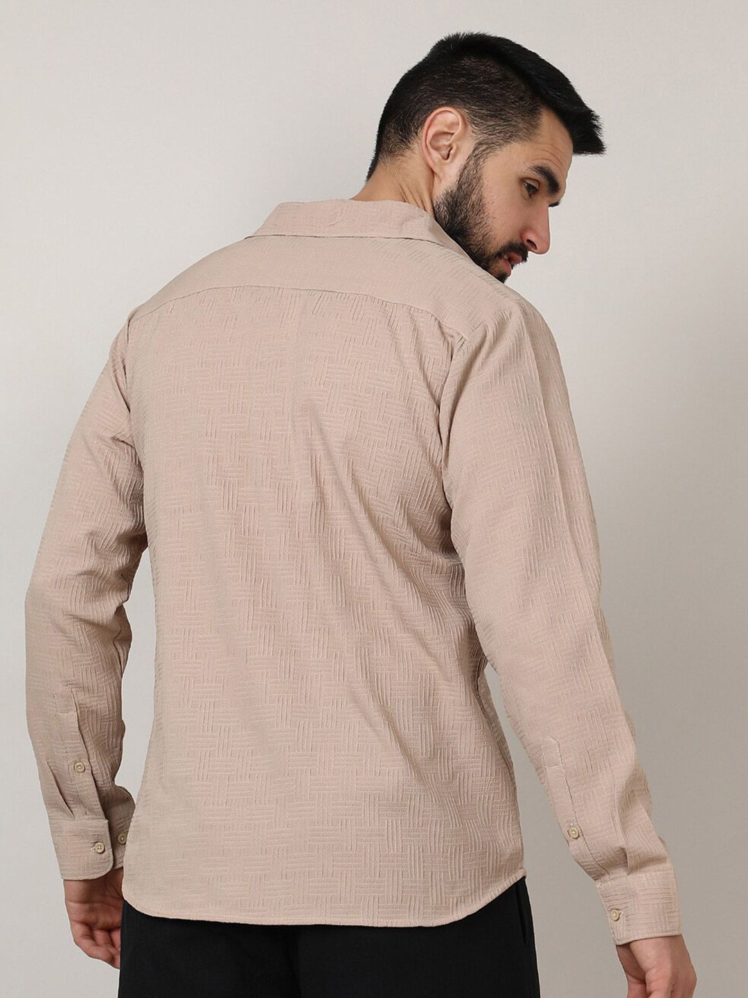 Campus Sutra Beige Classic Geometric Self Design Spread Collar Casual Shirt
