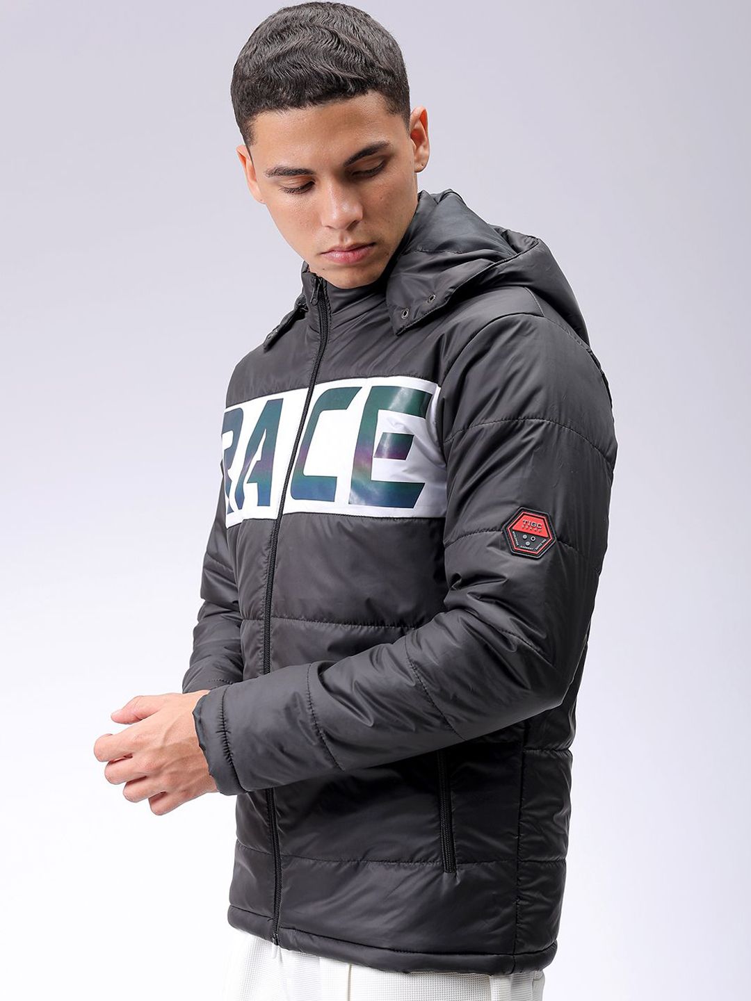 The Indian Garage Co Men Black Reflective Print Detachable Hood Padded Jacket