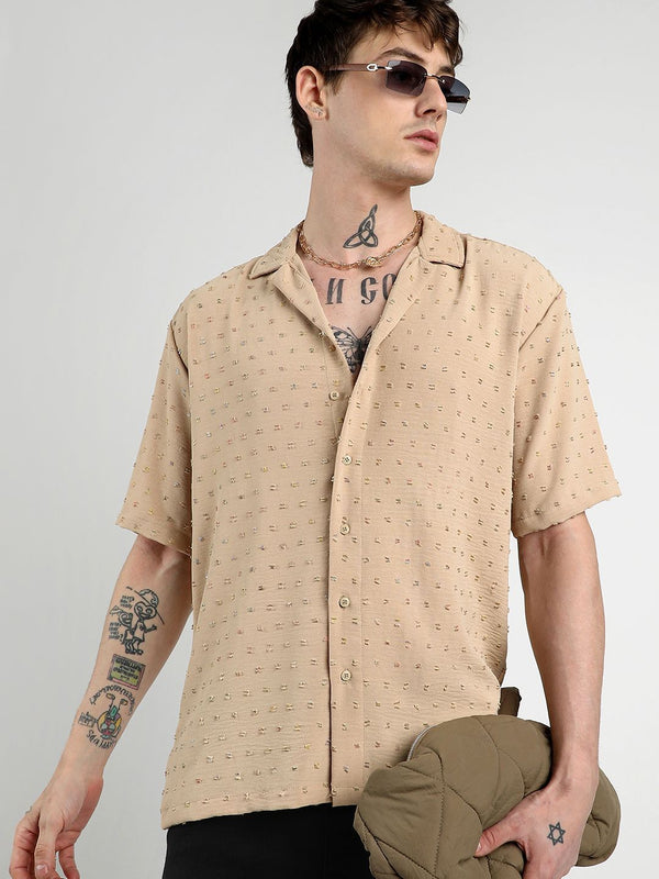 Kampus Sutra Men menghiburkan Kolar Kuba Baju Kasual Pom-Pom