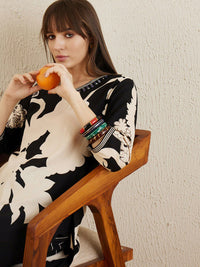 Indo Era Black Floral Printed V-Neck Sequinned A-Line Kurta With Salwar