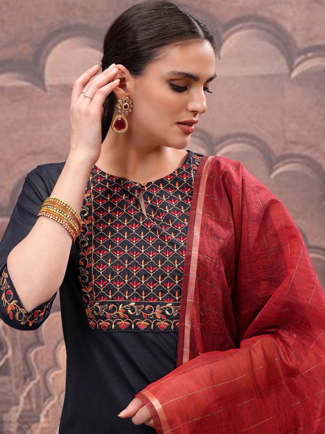 Vishudh Navy Blue Floral Embroidered Straight Kurta with Palazzo & Dupatta