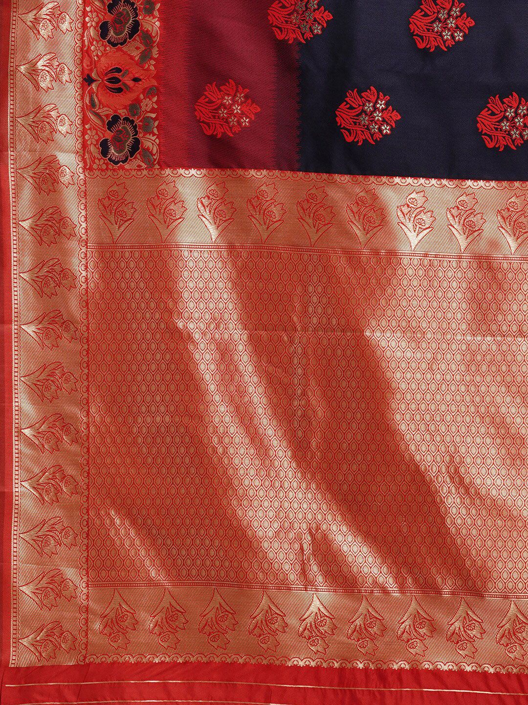 Saree mall Navy Blue & Gold-Toned Floral Woven Design Zari Kanjeevaram Sarees