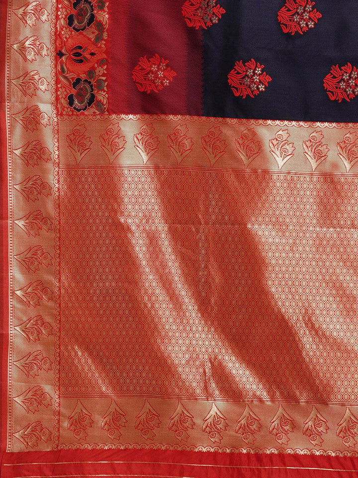 Saree mall Navy Blue & Gold-Toned Floral Woven Design Zari Kanjeevaram Sarees