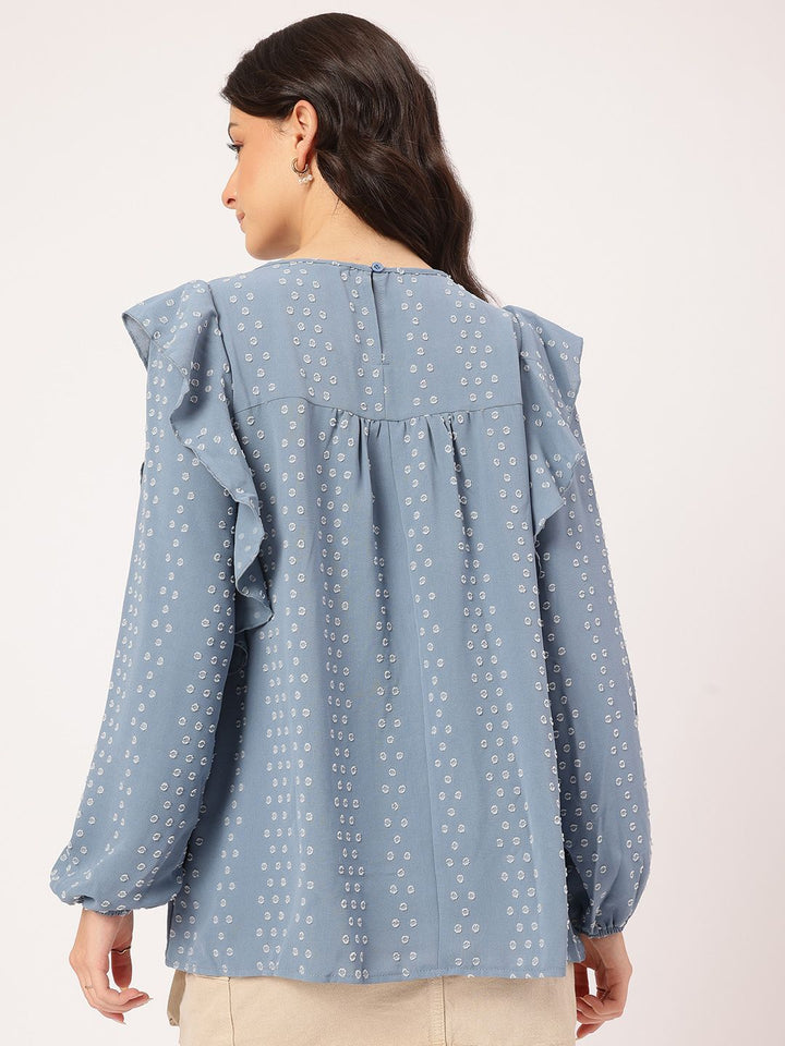 DressBerry Cozy Kawaii Dobby Weave Lace Inserts Ruffled Top