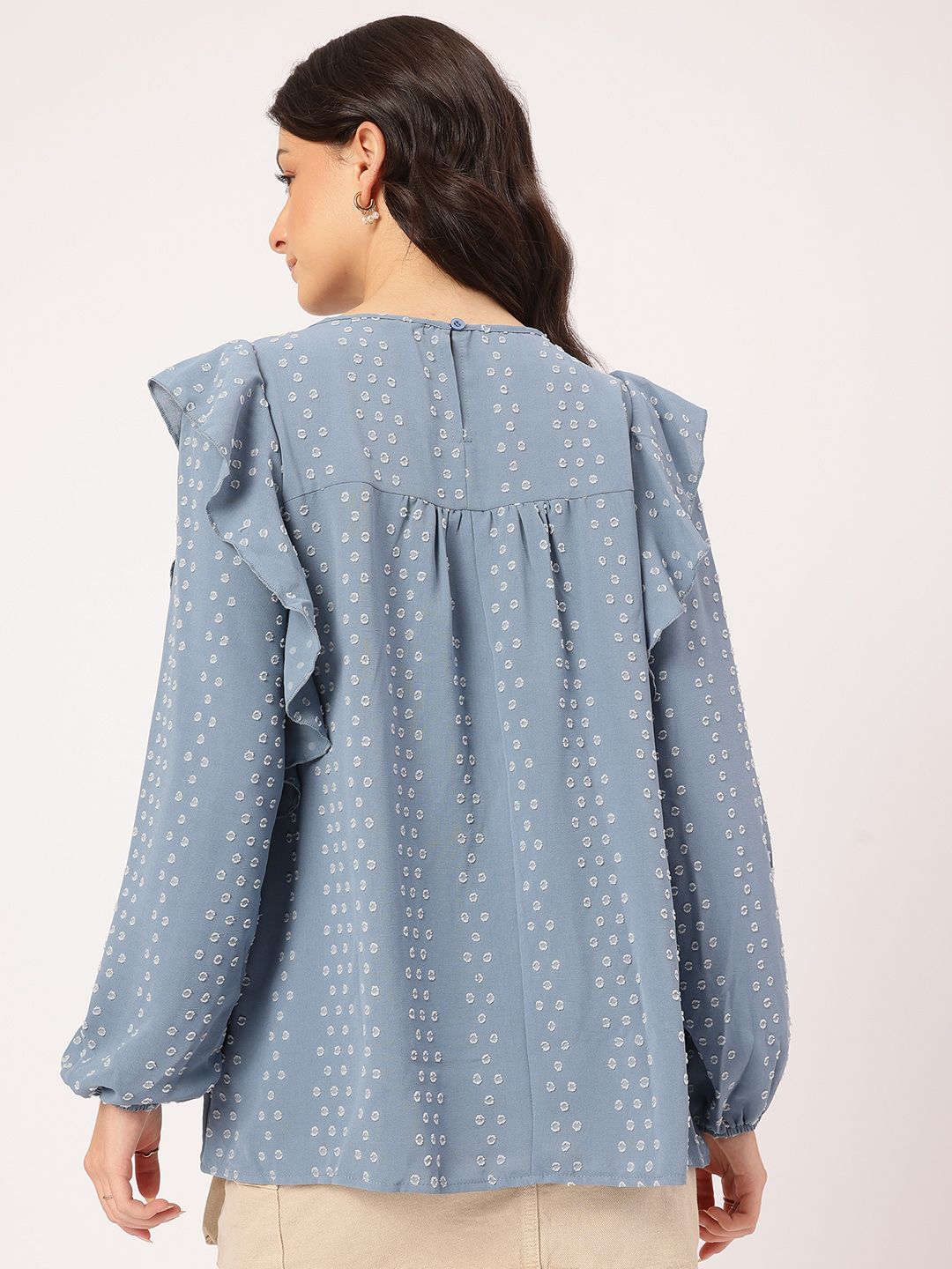 DressBerry Cozy Kawaii Dobby Weave Lace Inserts Ruffled Top