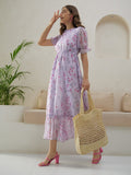 Berrylush Purple Floral Printed Tie-Up Neck Puff Sleeves Gathered A-Line Midi Dress
