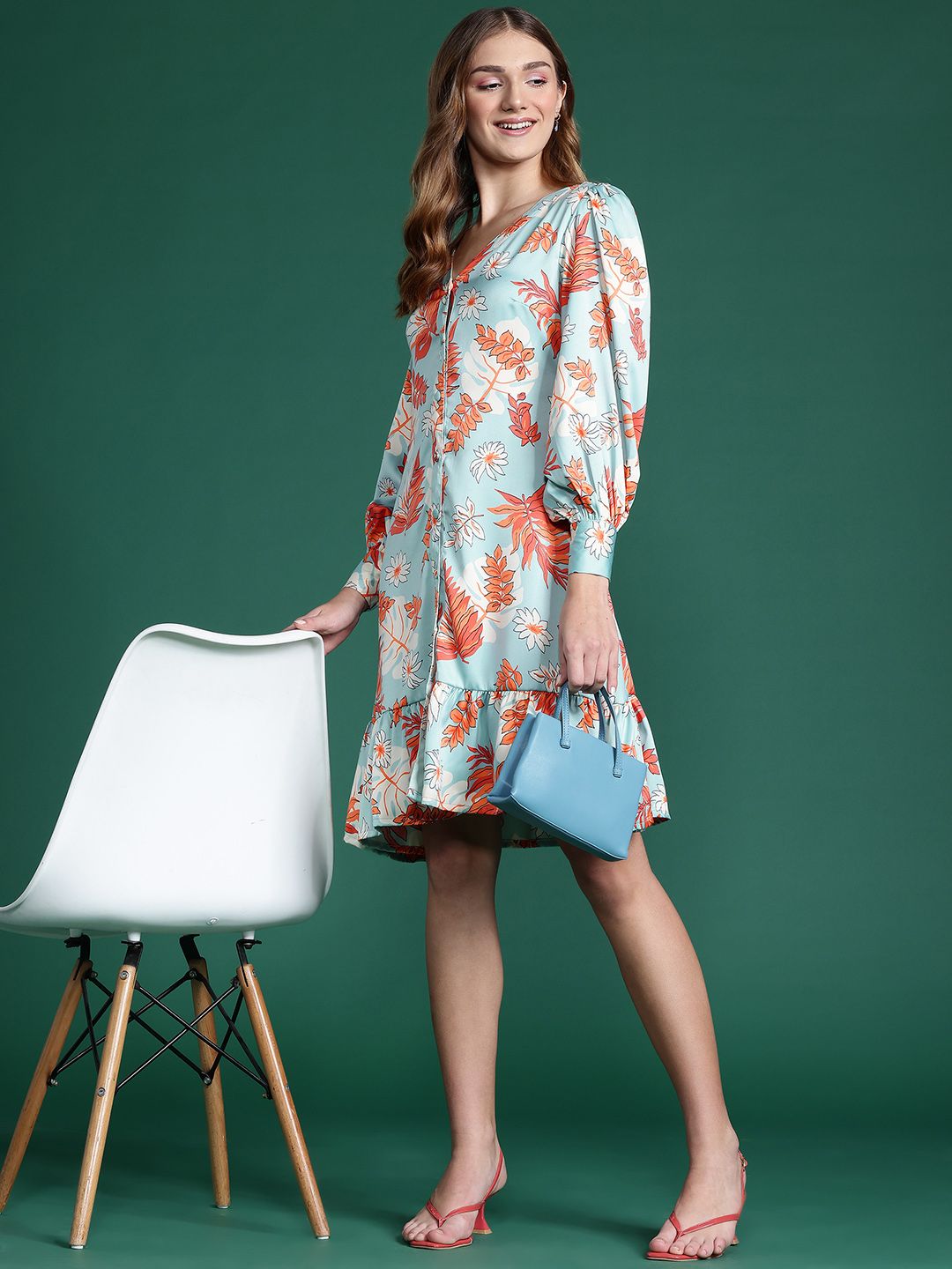 DressBerry Floral Print Bishop Sleeve A-Line Dress