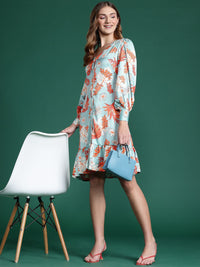 DressBerry Floral Print Bishop Sleeve A-Line Dress
