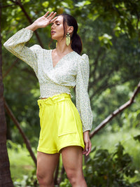 Athena Women Yellow Floral Print Smoked Detail Peplum Top