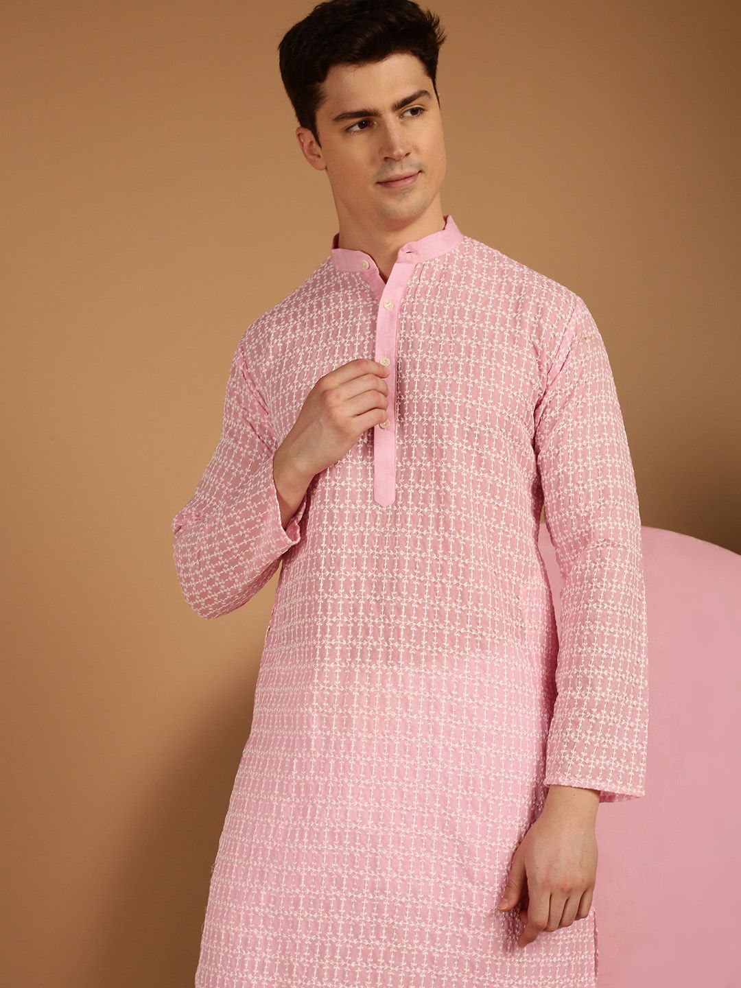 SOJANYA Kolar Mandarin Sulam Bunga Kurta Pure Cotton