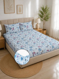 KLOTTHE Blue Floral 300 TC King Bedsheet with 2 Pillow Covers