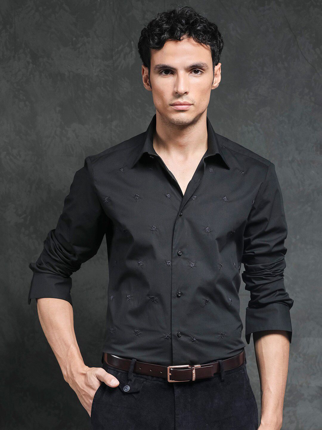 RARE RABBIT Men Roser Slim Fit Embroidered Cotton Shirt