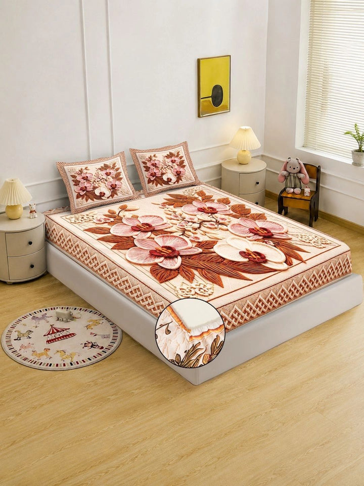 Moda Rapido X KLOTTHE Peach-Coloured & Brown Floral 400 TC King Bedsheet with 2 Pillow Covers