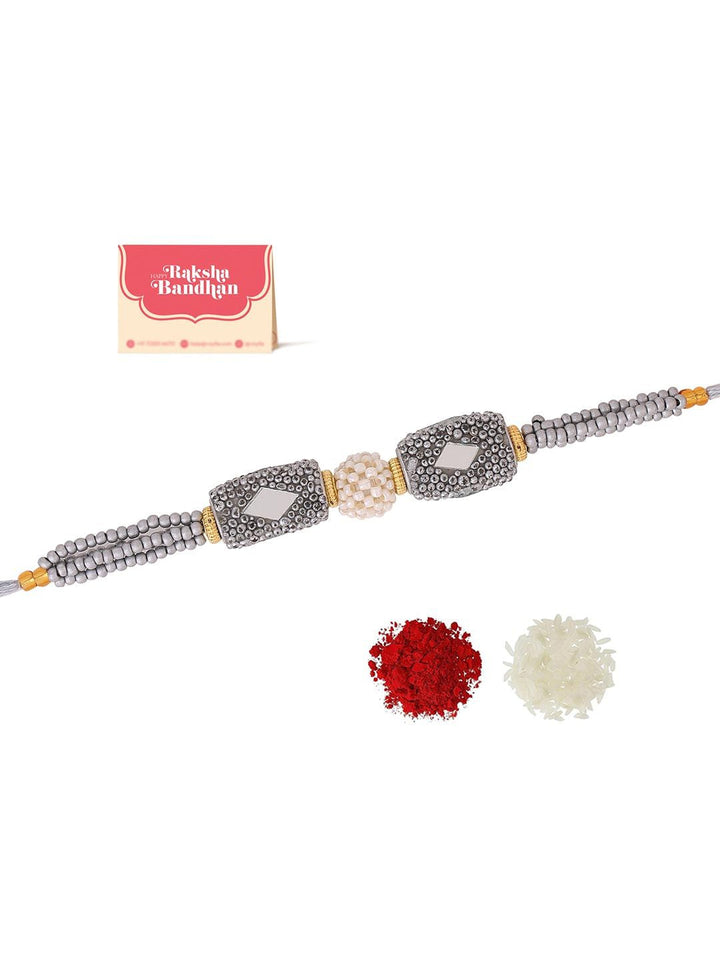Voylla Unisex Silver Beaded and Pearls Rakhi with Roli Chaawal Pack