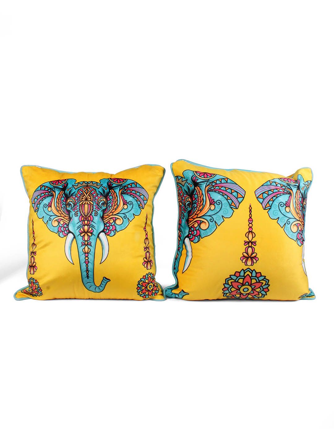 STITCHNEST Yellow & Blue 5 Pieces Ethnic Motifs Velvet Square Cushion Covers