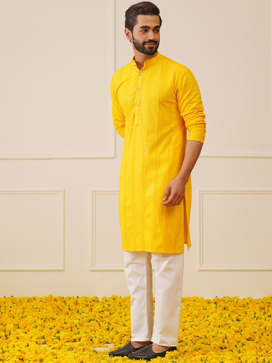 Jompers Striped Sequins Chikankari Embroidered Strigth Kurtas