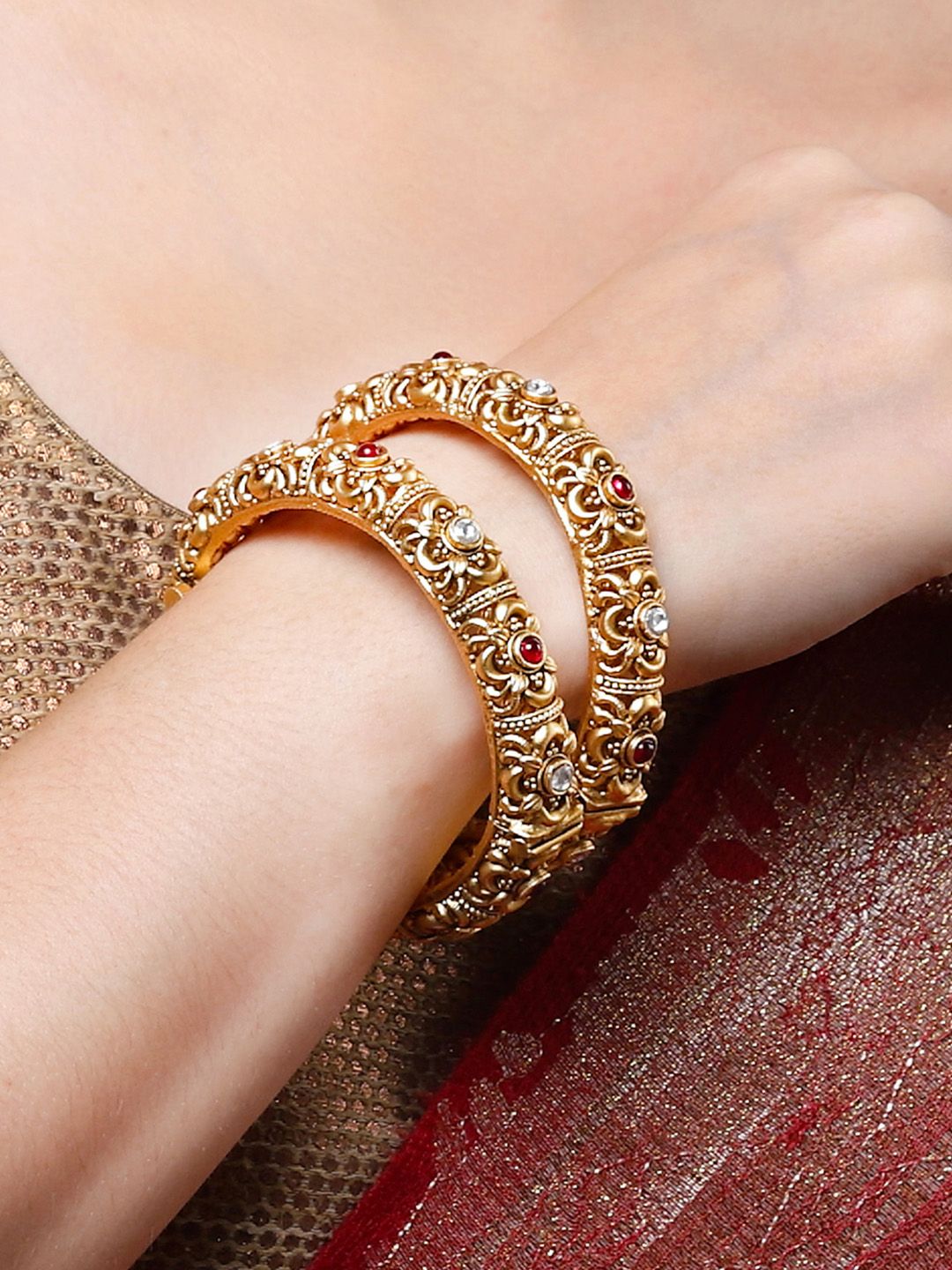KARATCART Set Of 2 Gold-Plated White & Red Kundan-Studded Temple Bangles