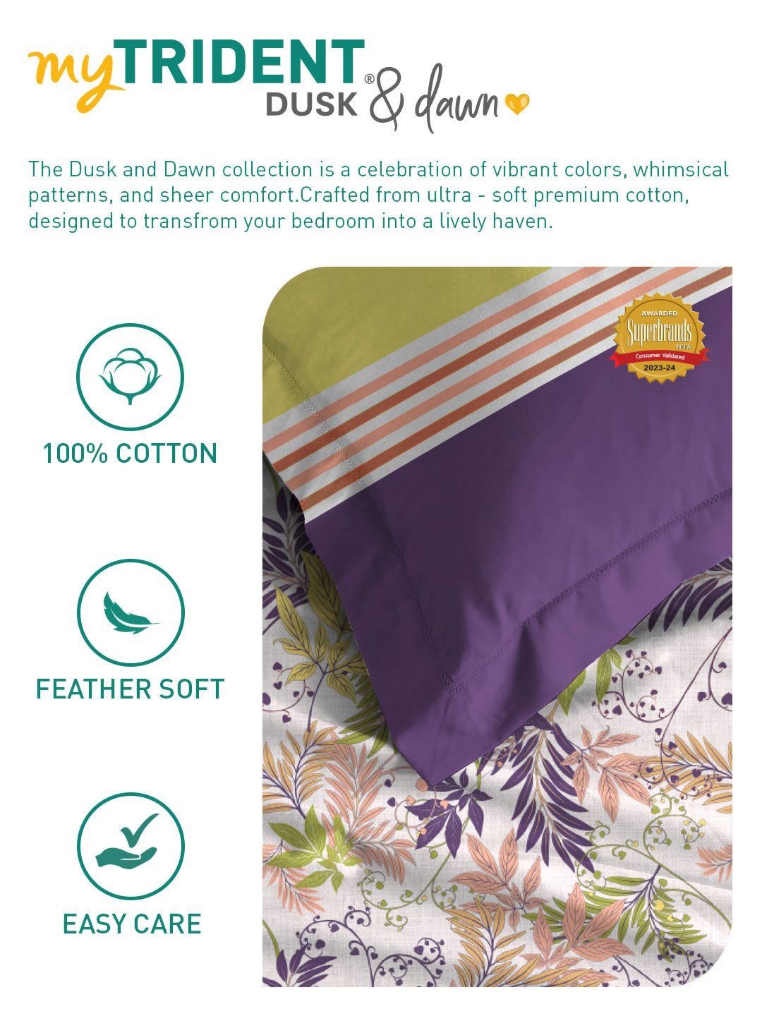 MYTRIDENT Firefly Purple Dusk & Dawn Flat 144TC King Pure Cotton Bedsheet Set