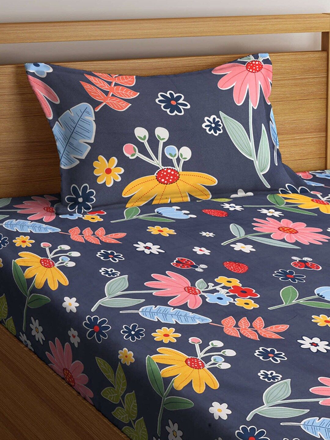 KLOTTHE Grey Floral Polycotton 300 TC Single Cadar Halus dengan Sarung Bantal-89 x 59 inci