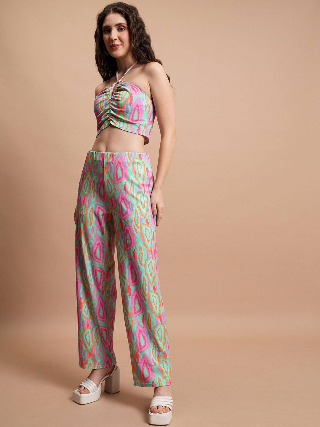 Tokyo Talkies Abstract Printed Ruched Halter Top & Wide Leg Trousers