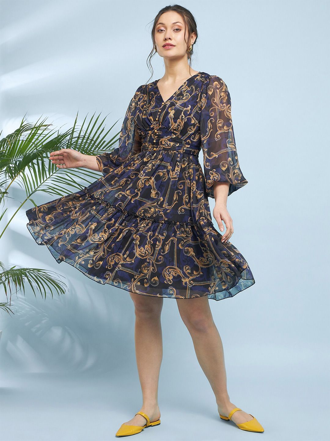 Antheaa Blue Ethnic Motifs Printed Flared Flared Sleeve V-Neck Fit & Flare Dress