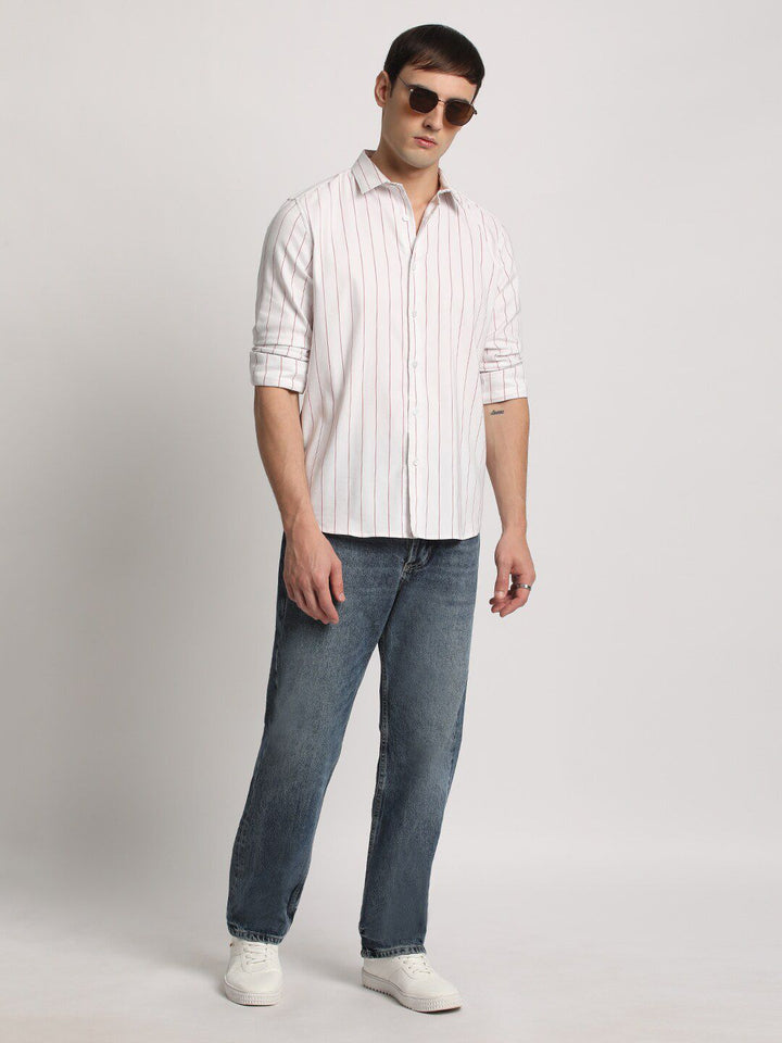THE BEAR HOUSE Slim Fit Vertical Stripes Twill Spread Collar Casual Shirt