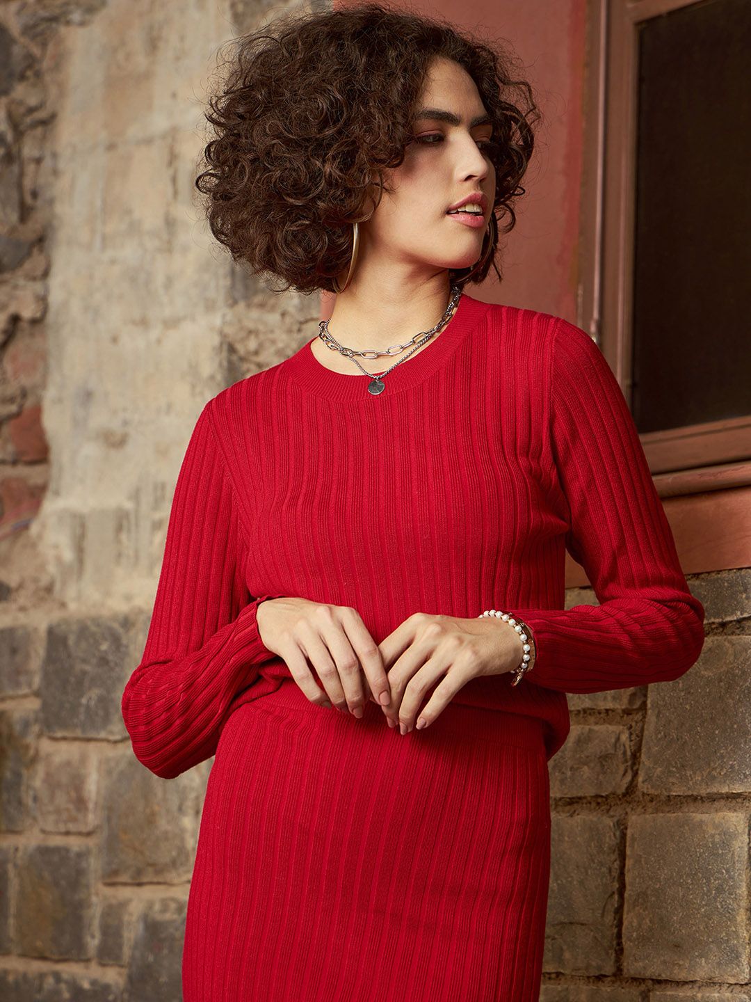 SASSAFRAS Red Ribbed Sweater With Pencil Skirt