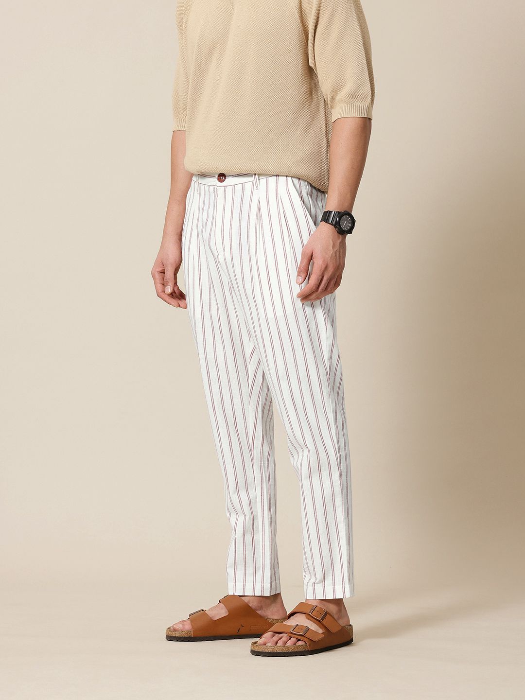 Mr Bowerbird Men Liberal Fit Striped Cotton Linen Pleated Trousers