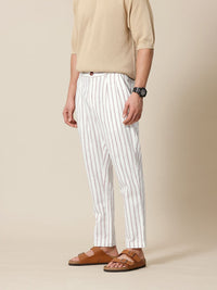 Mr Bowerbird Men Liberal Fit Striped Cotton Linen Pleated Trousers