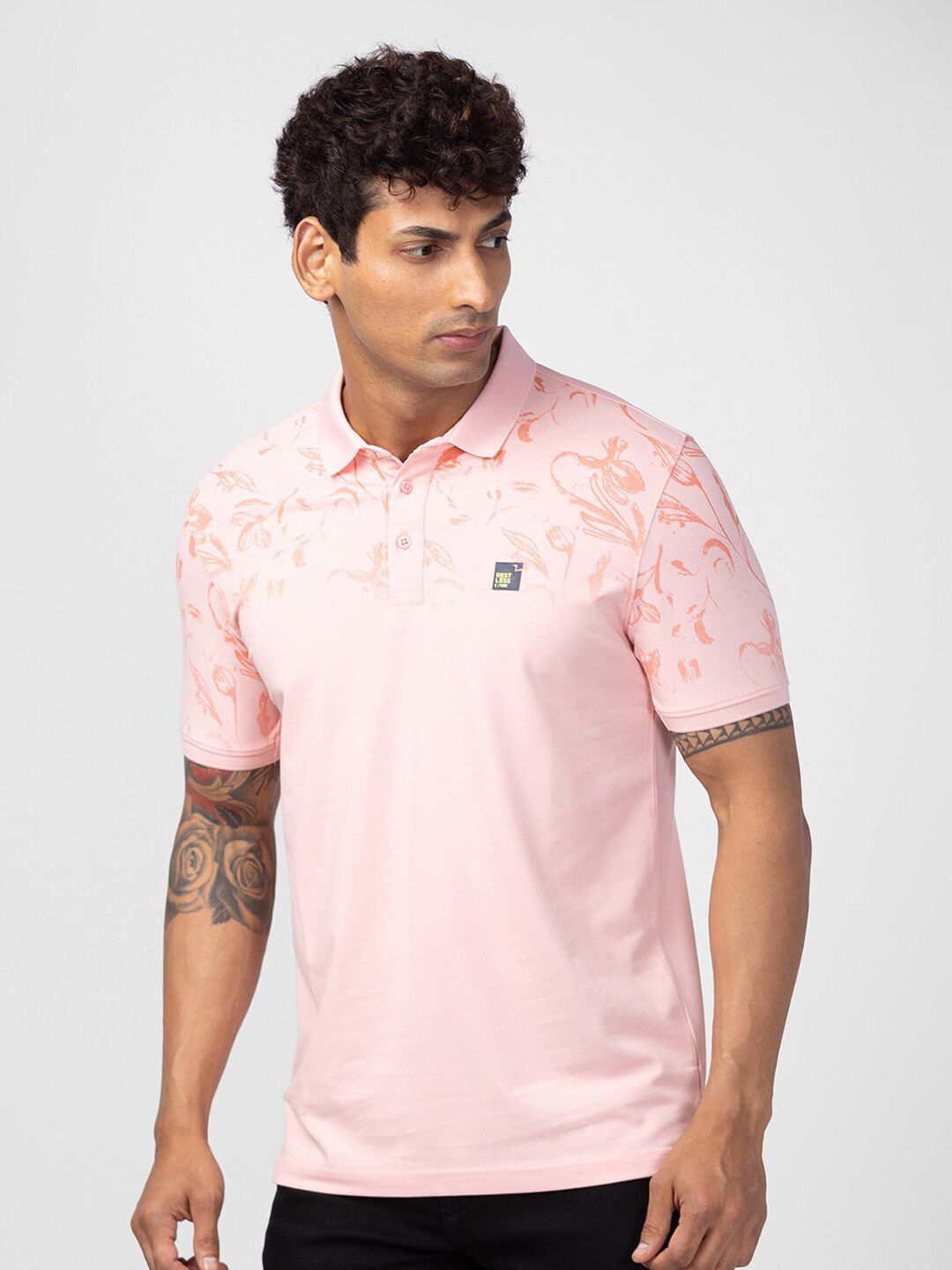 SPYKAR Men Floral Printed Polo Collar Slim Fit Cotton T-shirt