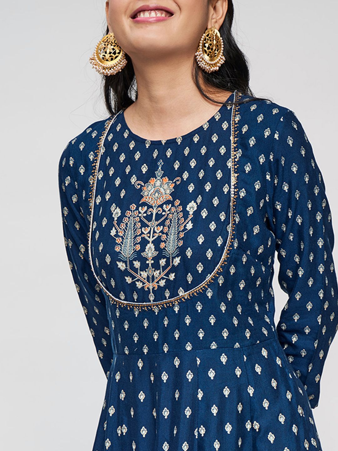 Global Desi Navy Blue & Golden Ethnic Motifs Ethnic Maxi Dress