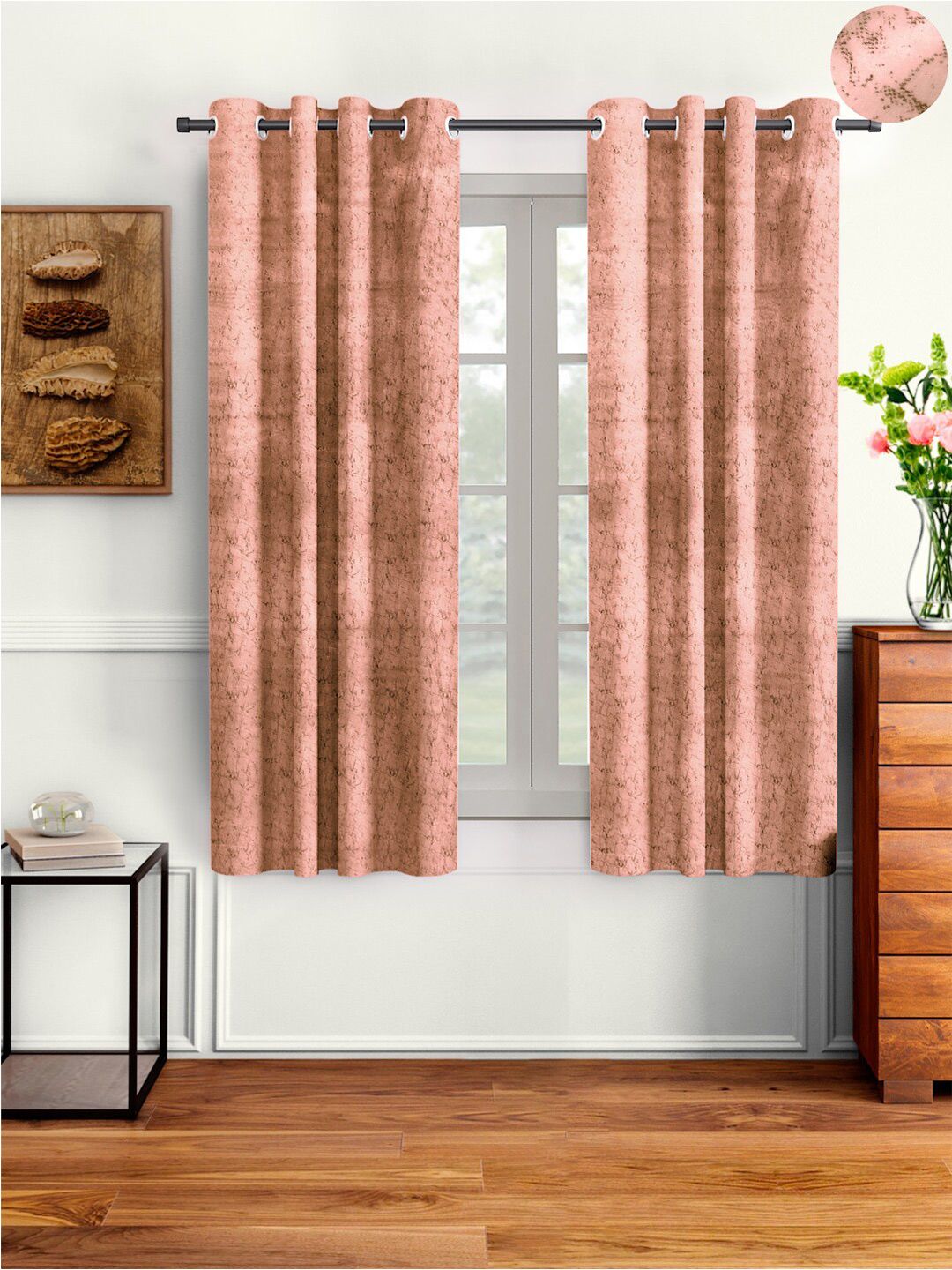Cortina Set Of 2 Pink Abstract Printed Room Darkening Velvet Window Curtains