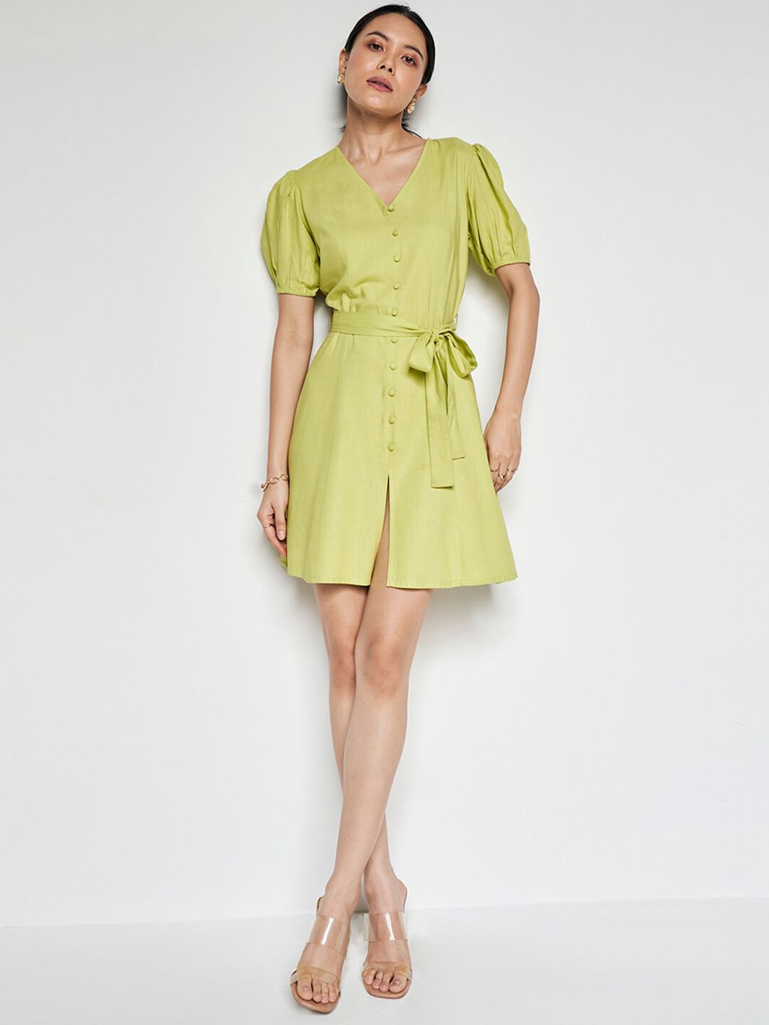 AND Puff Sleeves V-Neck Belted Linen A-Line Dress