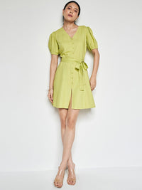 AND Puff Sleeves V-Neck Belted Linen A-Line Dress