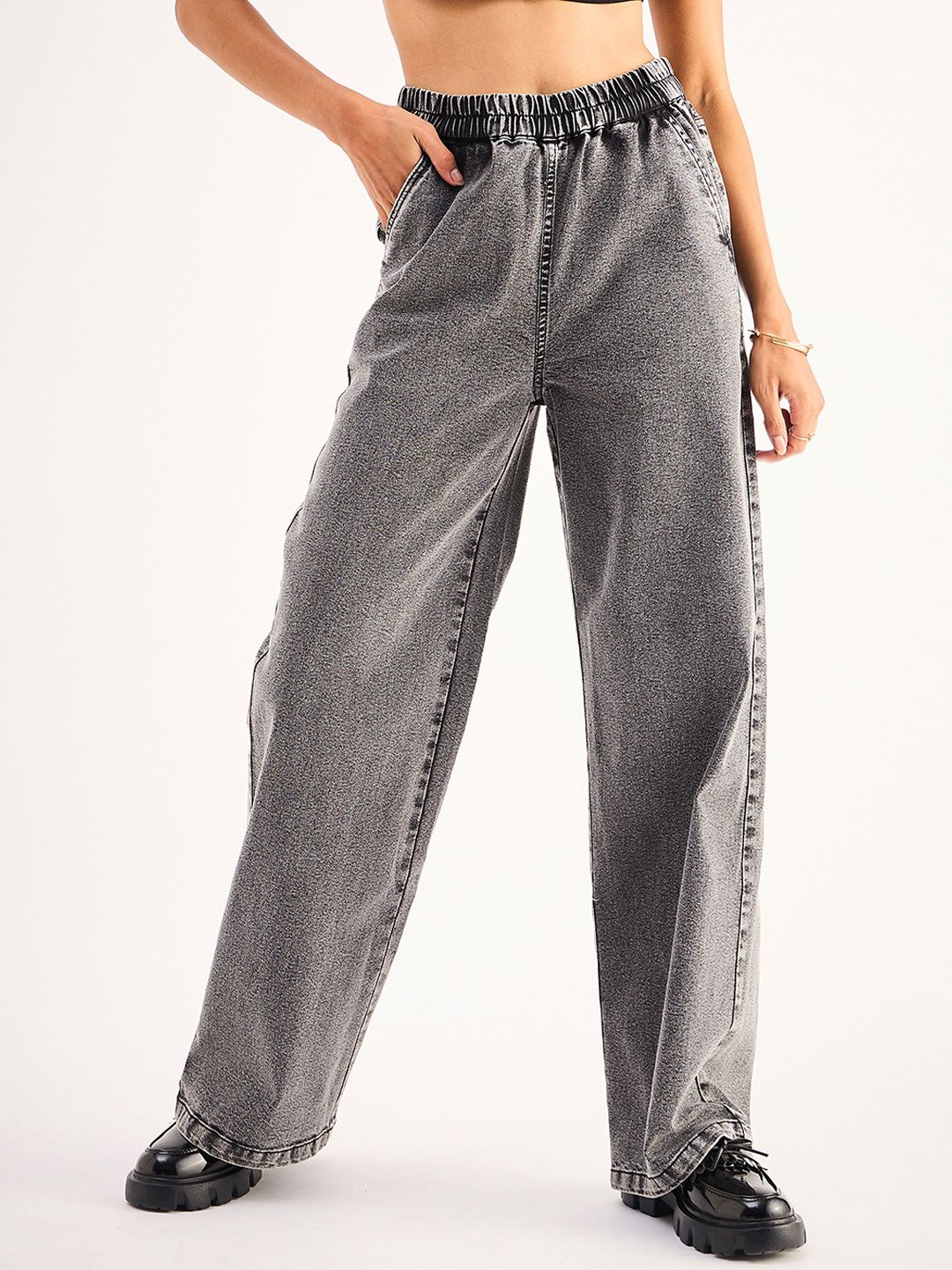 SASSAFRAS BASICS Women Straight Fit High-Rise Clean Look Acid Wash Stretchable Jeans
