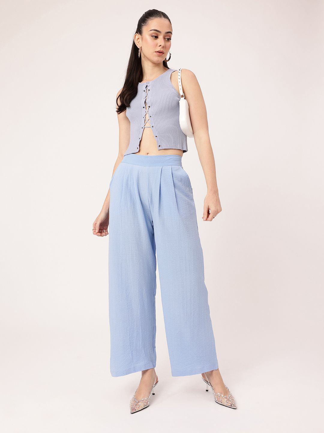DressBerry Women Street Savvy Seersucker Textured Pleated High-Rise Parallel Trousers