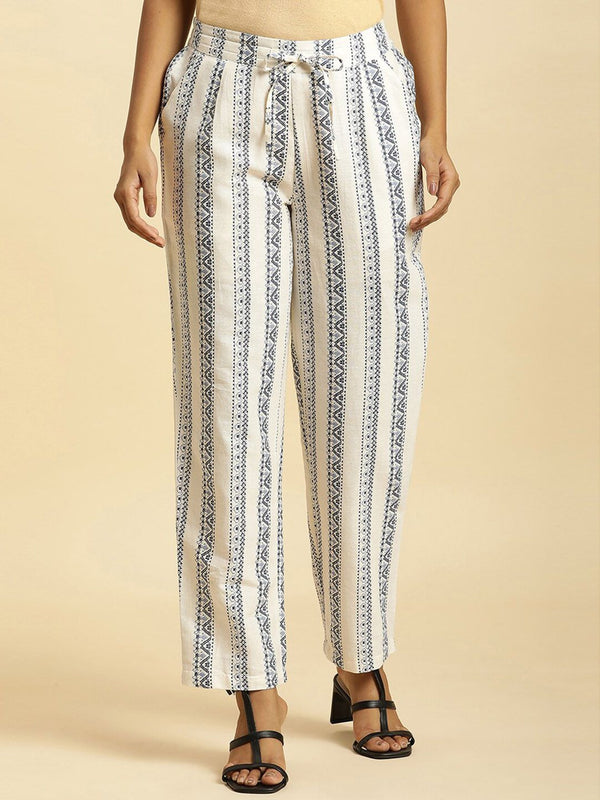 W Women Straight Fit Mid-Rise Ethnic Motifs Printed Plain Trousers