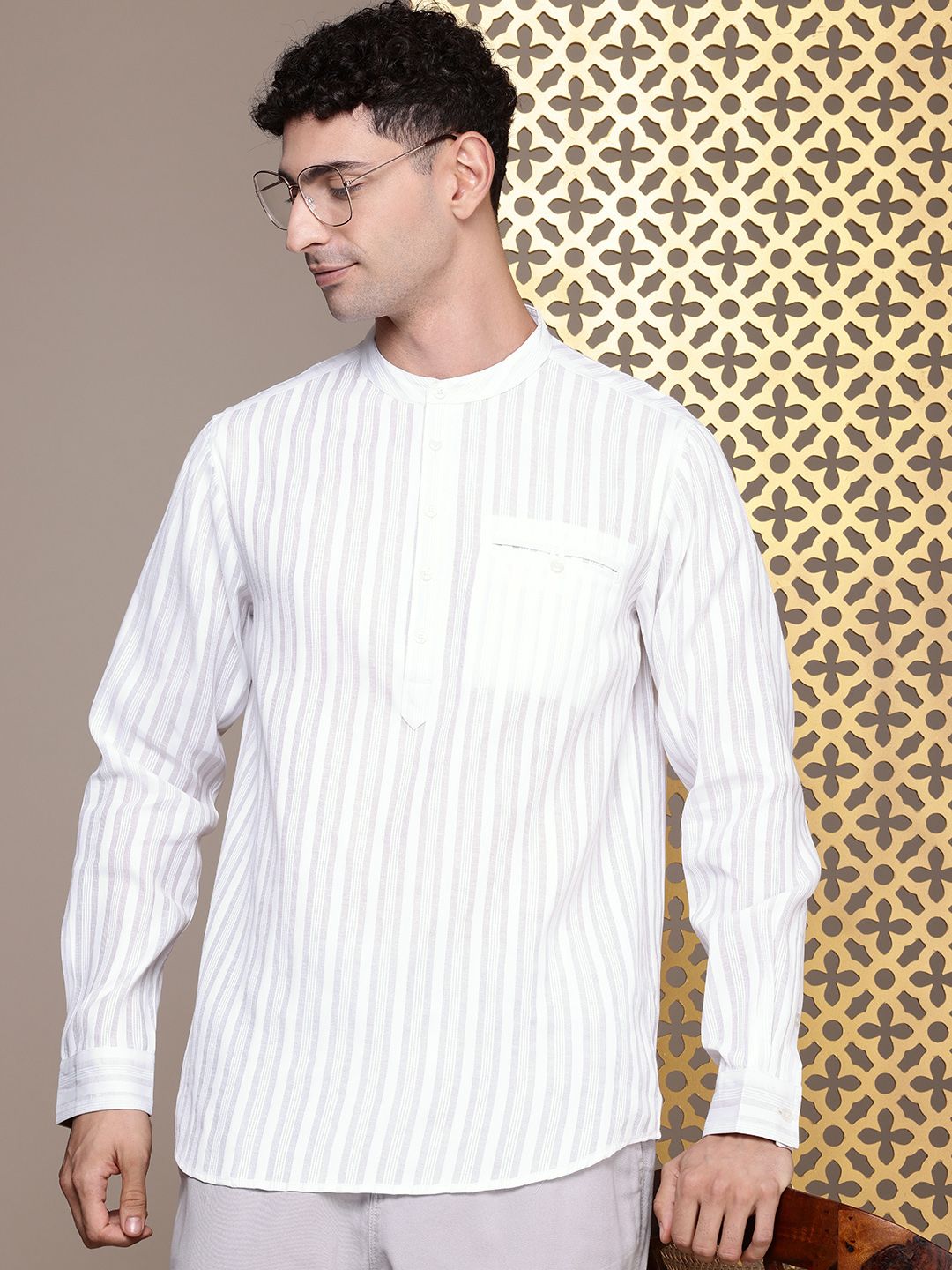 House of Pataudi Band Collar Striped Rozana Kurta