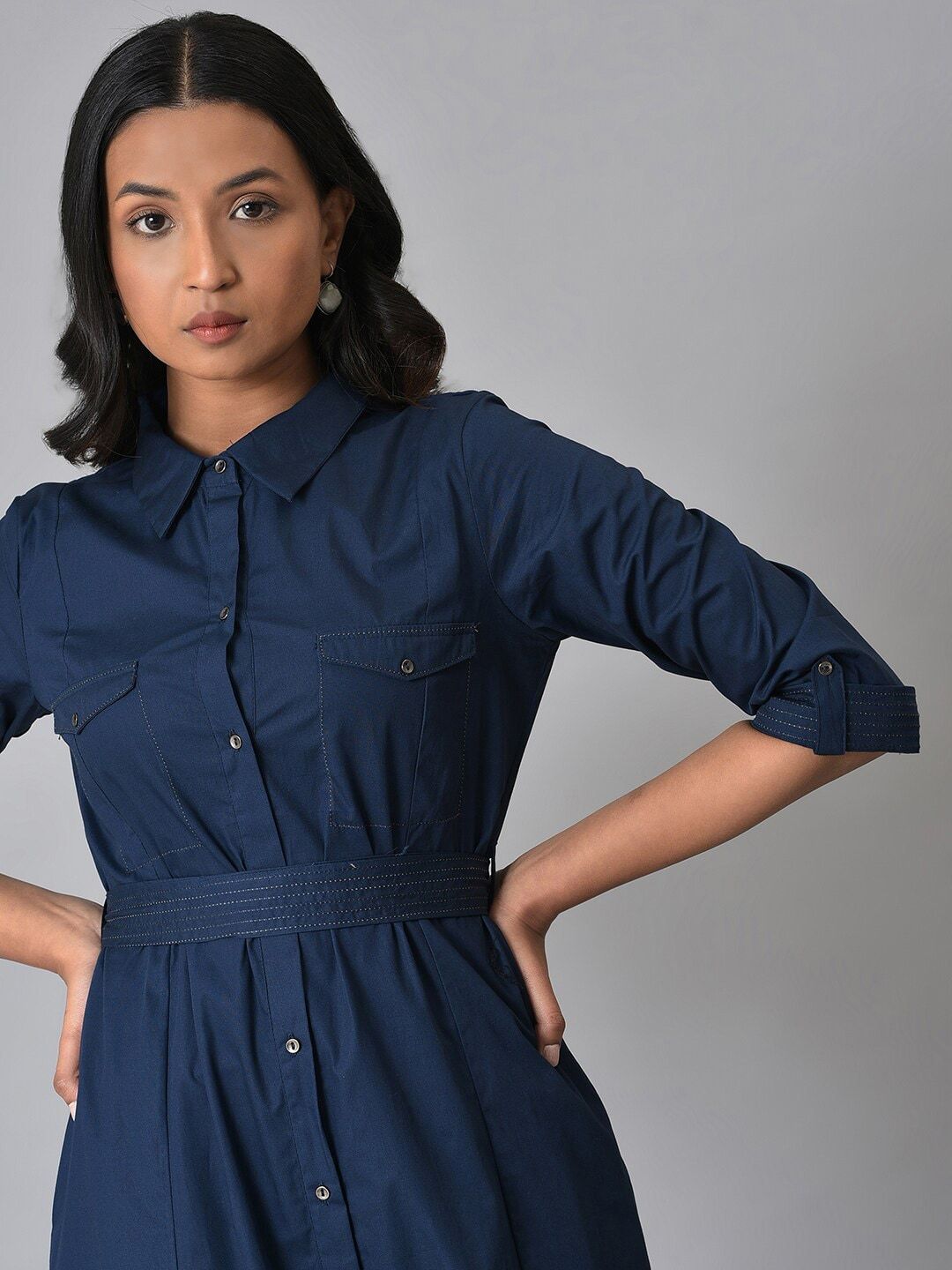 W Women Mandarin Collar Maxi Pure Cotton Dress With Fabric Belt