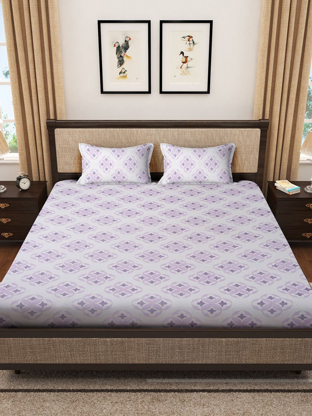 KLOTTHE White Floral Pure Cotton 400 TC Fitted King Superfine Bedsheet with 2 Pillow Covers-98 x 89 inches