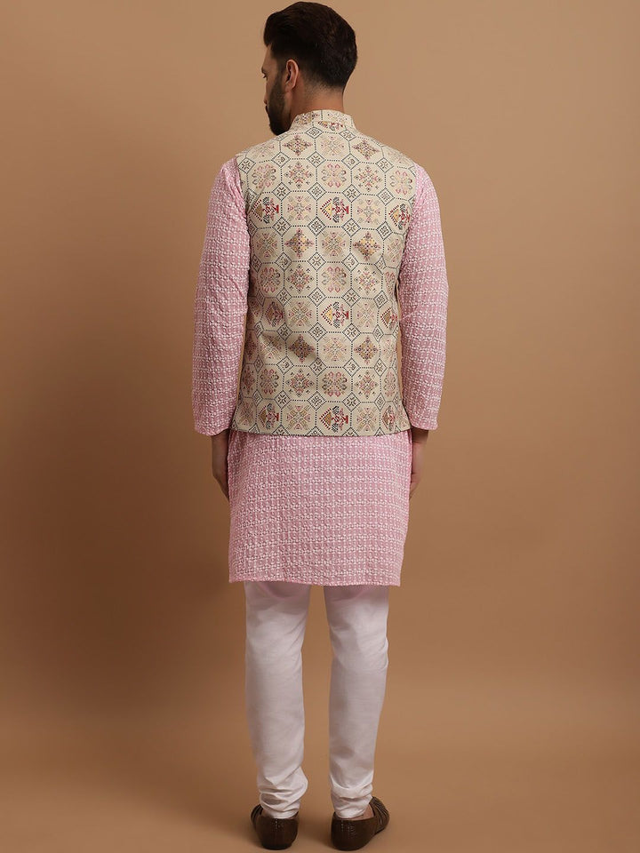 SOJANYA Ethnic Motifs Embroidered Pure Cotton Kurta With Churidar & Nehru Jacket