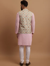 SOJANYA Ethnic Motifs Embroidered Pure Cotton Kurta With Churidar & Nehru Jacket
