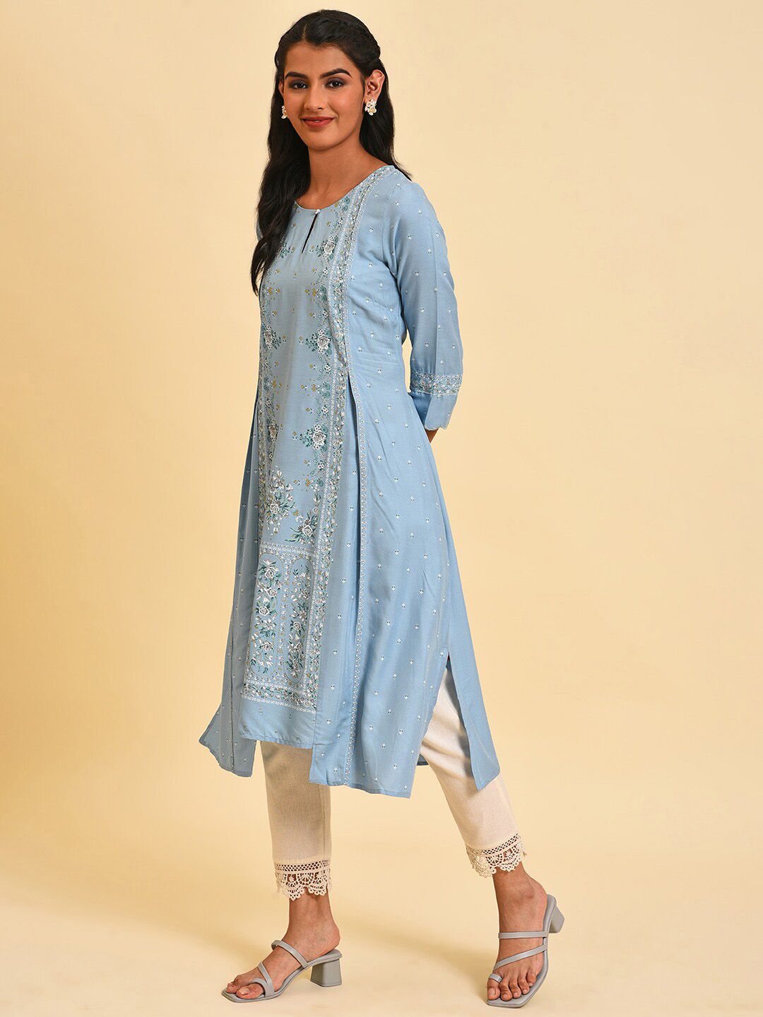 W Floral Printed Keyhole Neck A-Line Kurta