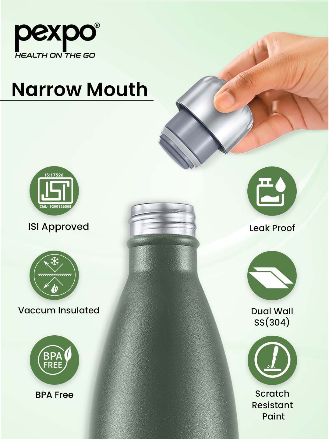 Pexpo ELECTRO ISI Certified Thermosteel 1L 24 Hrs Hot & Cold Green Water Bottle 1000ml
