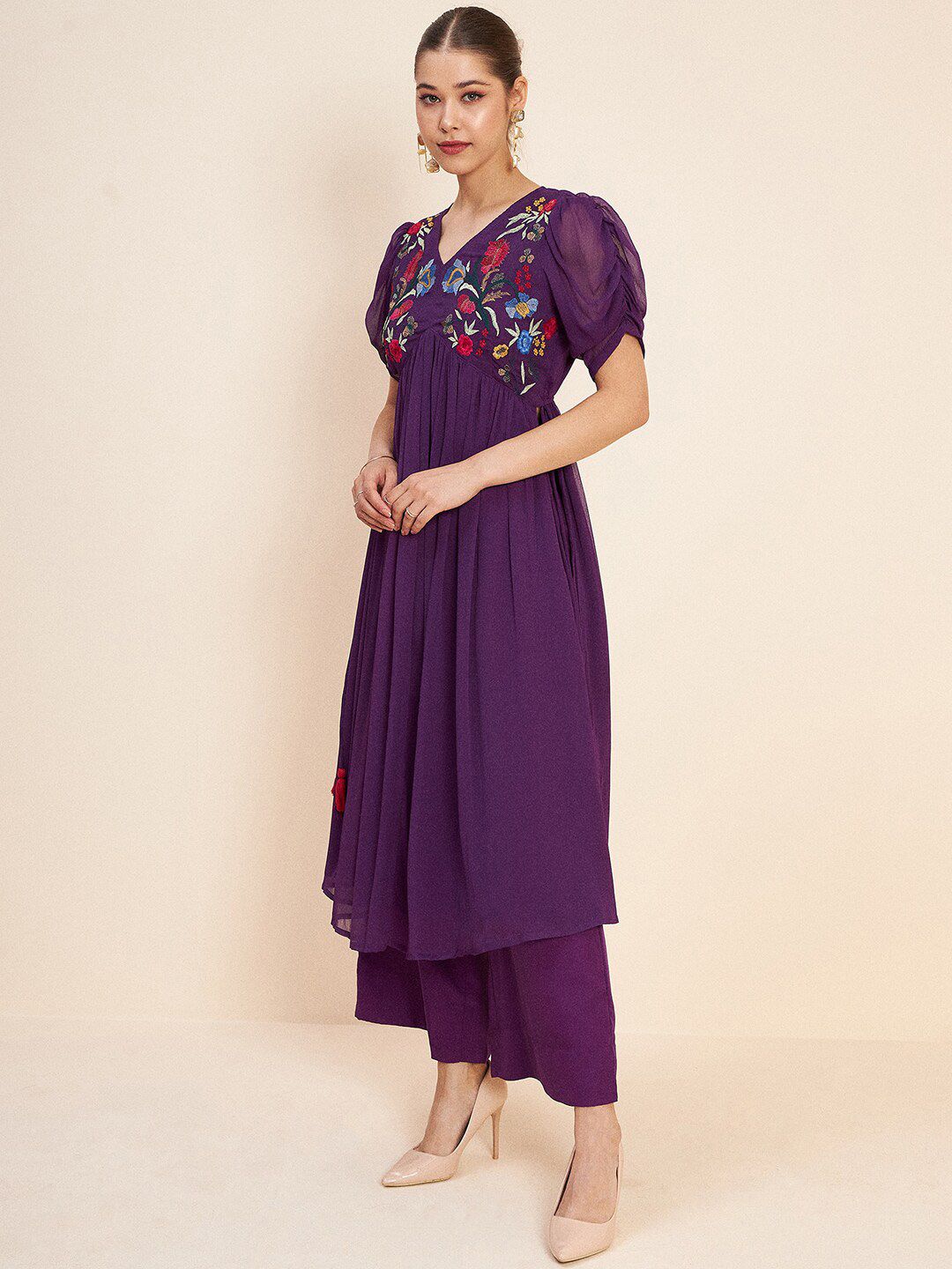 Antheaa Purple Floral Embroidered Empire A-Line Top With Palazzo