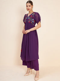 Antheaa Purple Floral Embroidered Empire A-Line Top With Palazzo